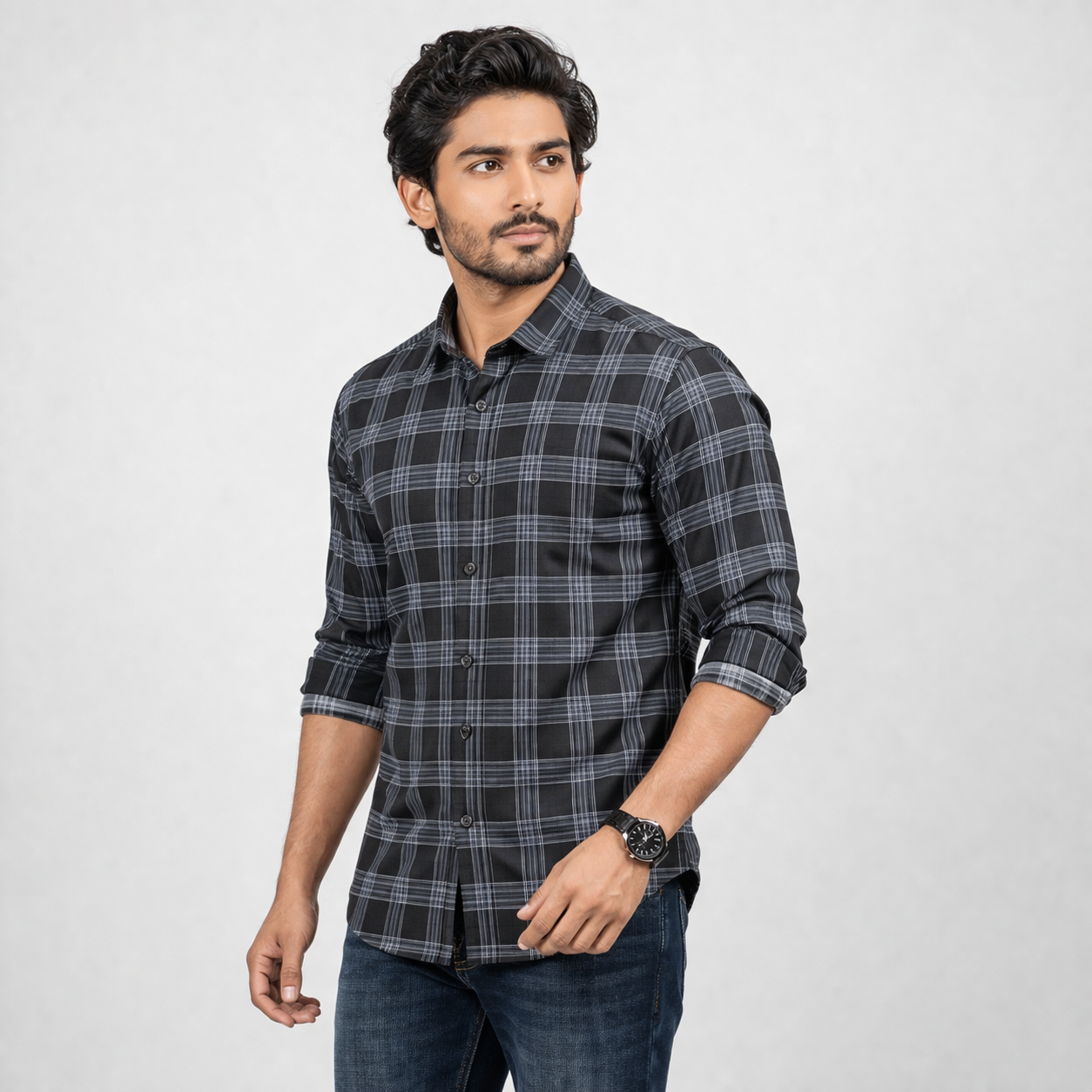 Winner Men's  Lt .Ash & Black  SHIRT-80045