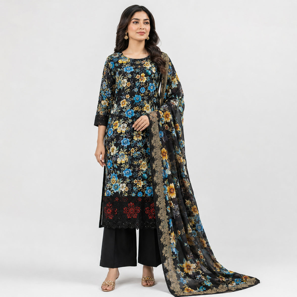 Winner Ladies 3Pc  Black-3 Print Unstitched Kurta Set - 80156