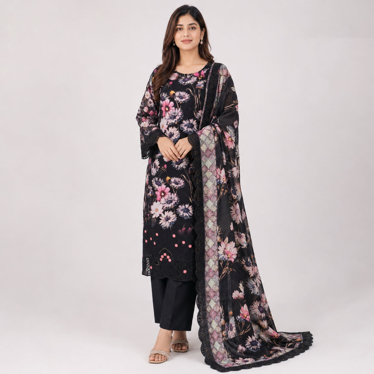 Winner Ladies 3Pc  Black-4 Print Unstitched Kurta Set - 80156