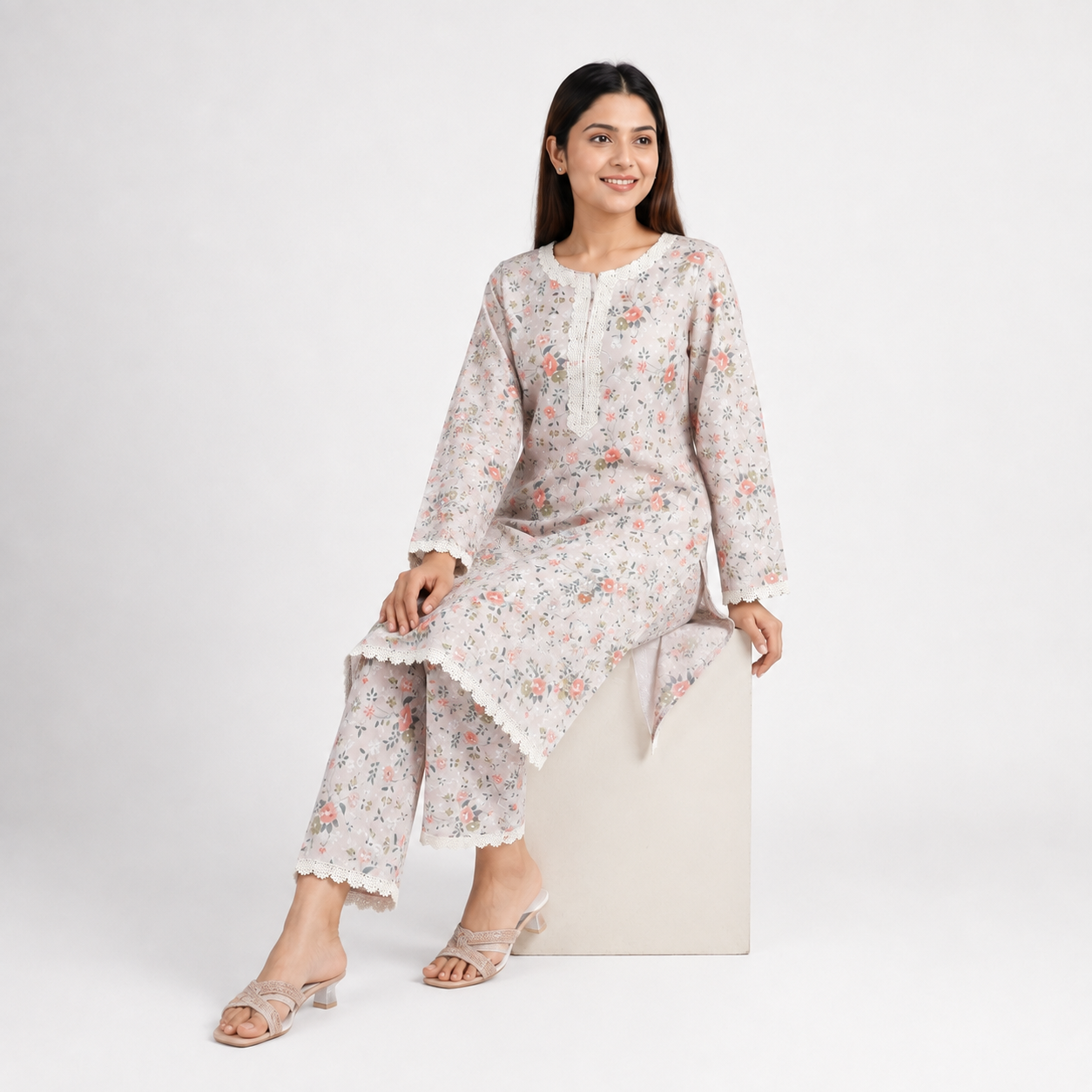 Winner Cream-AOP Ladies Kurti - 80186