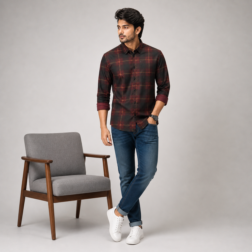 Winner Fire Red & Black Check Casual Shirt 80045