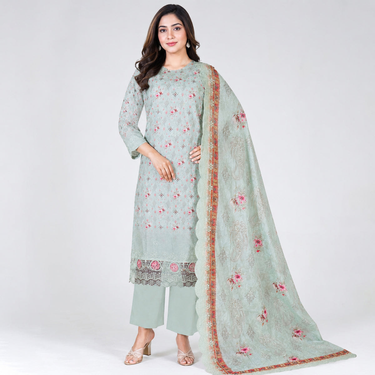 Winner Ladies 3Pc  Light Green-2 Print Unstitched Kurta Set - 80156