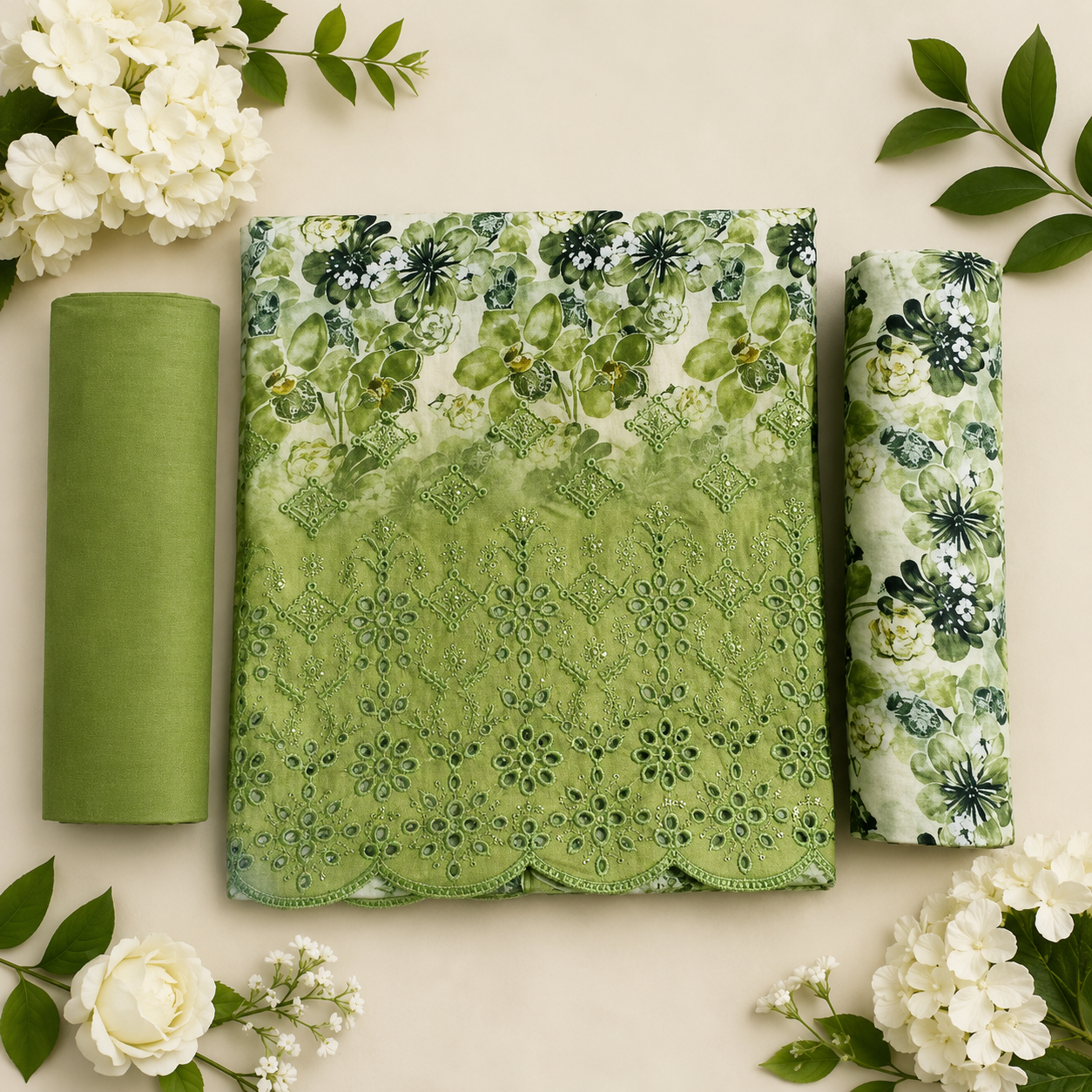 Ladies 3 pc Green print unstitched  Kurta Set - 73642