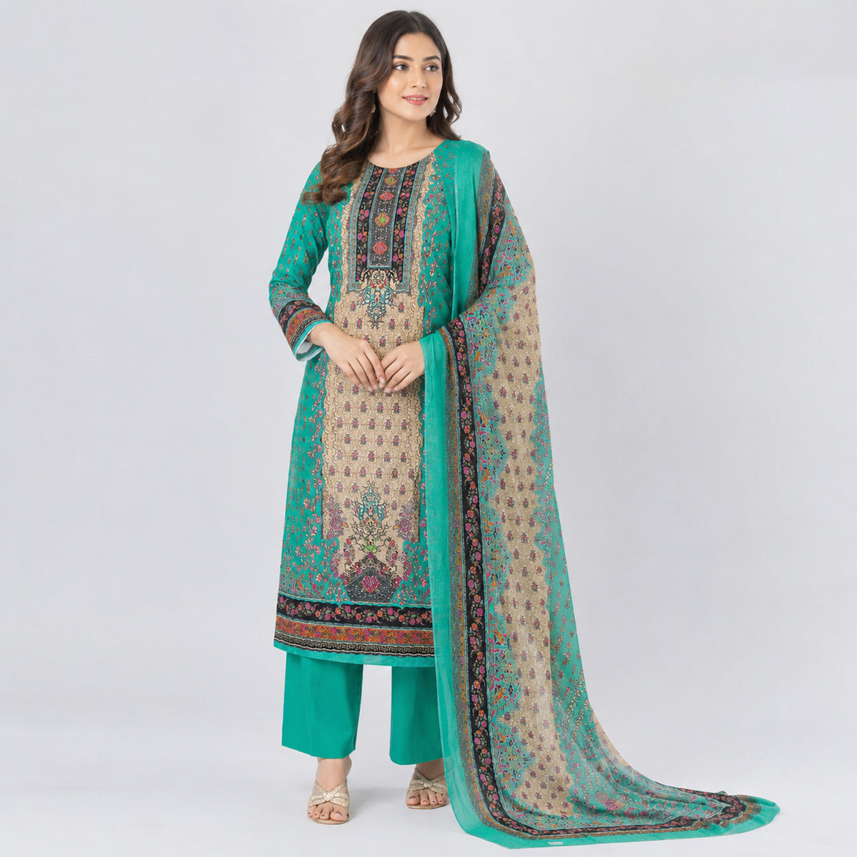 Winner Ladies 3Pc Light Green-5 Print Unstitched Kurta Set - 55766