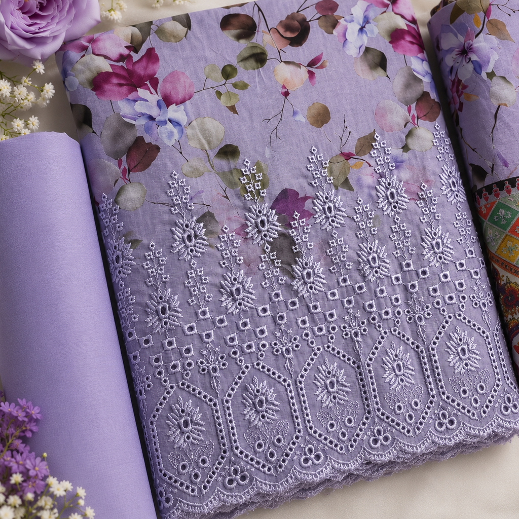 Ladies 3 pc Light purple print Kurta Set - 73643