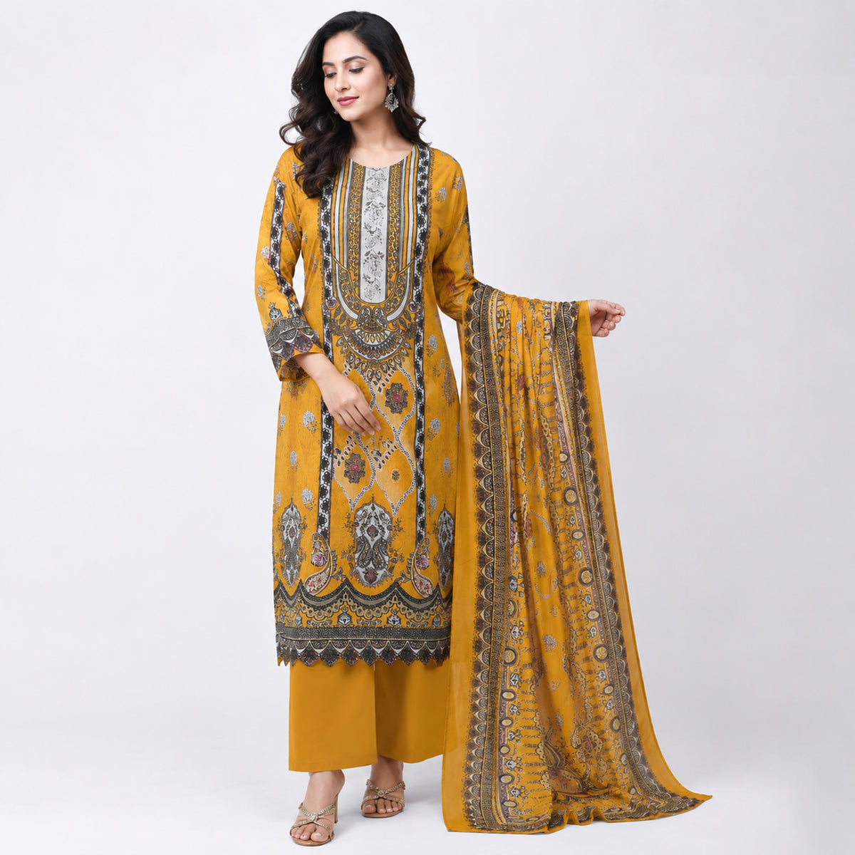 Winner Ladies 3Pc Maize Yellow-4 Print Unstitched Kurta Set - 55766