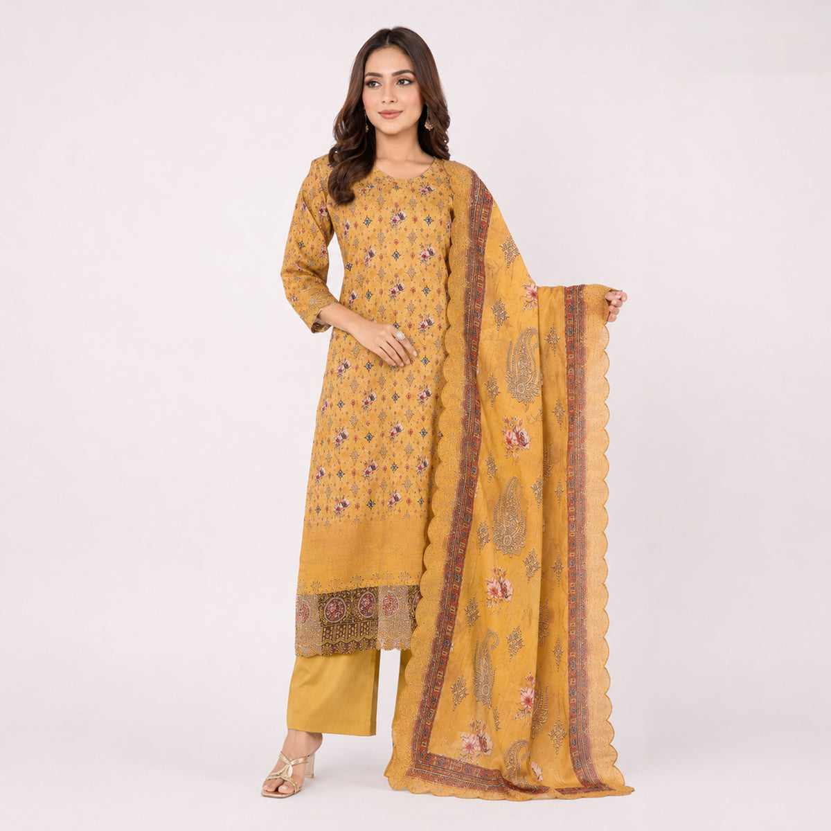 Winner Ladies 3Pc  Master Yellow-2 Print Unstitched Kurta Set - 80156