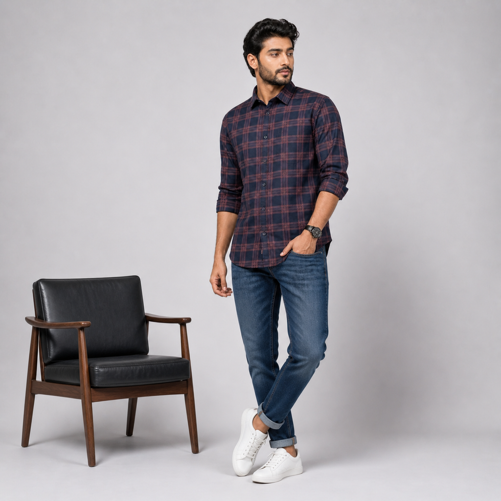 Winner Men's Magenta Navy Check Casual Shirt - 80045
