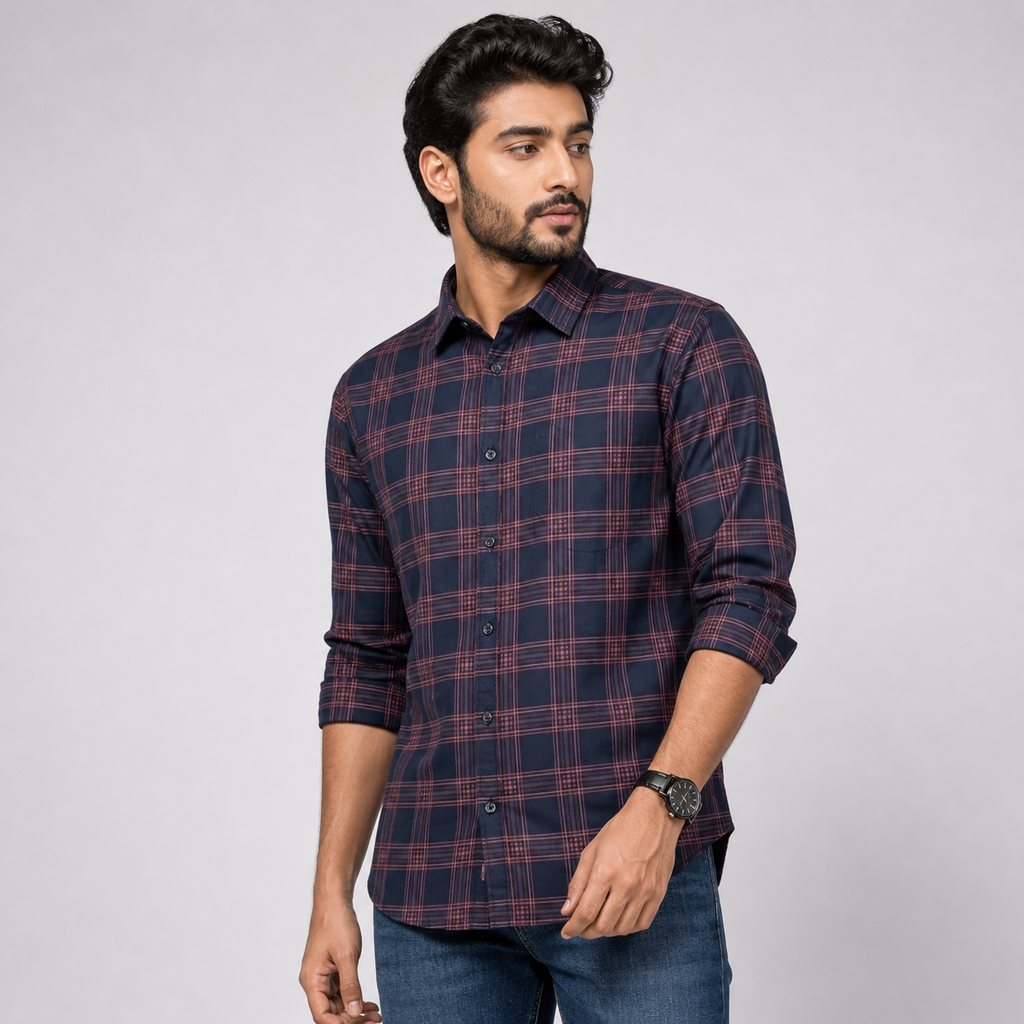 Winner Men's Magenta Navy Check Casual Shirt - 80045
