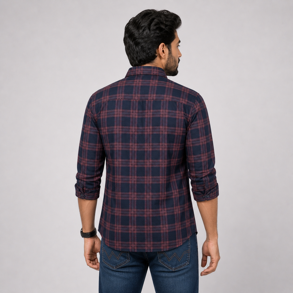 Winner Men's Magenta Navy Check Casual Shirt - 80045