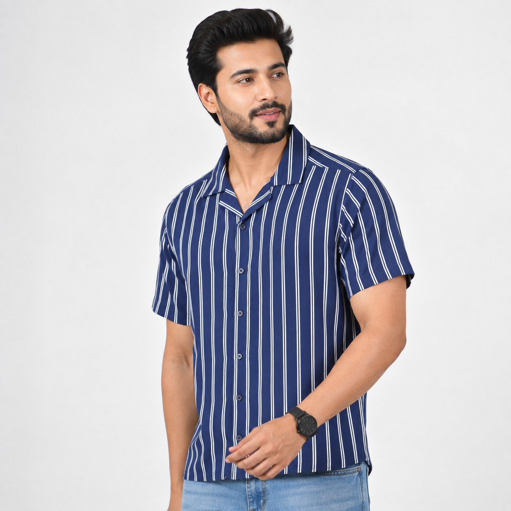 Winner Men's Navy & White Stripe Casual Shirt - 73648
