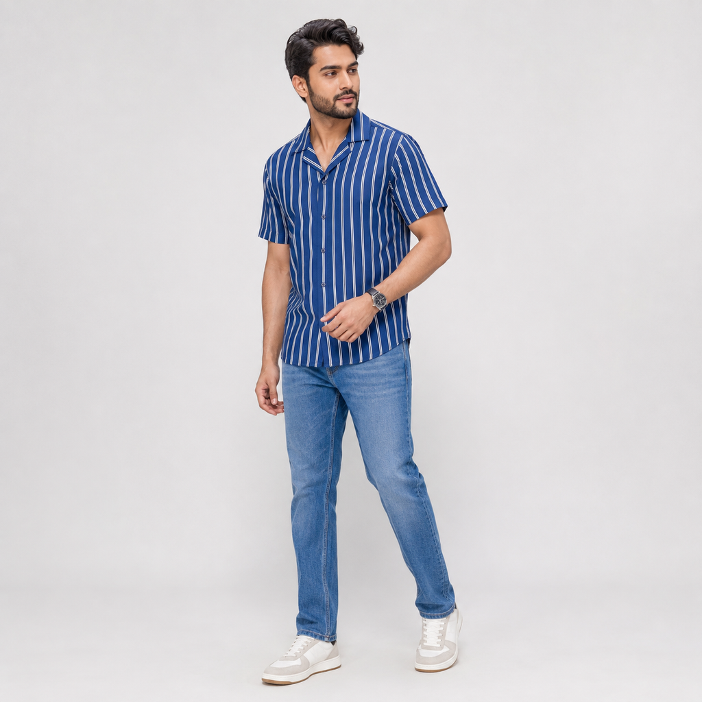 Winner Men's Navy & White Stripe Casual Shirt - 73648