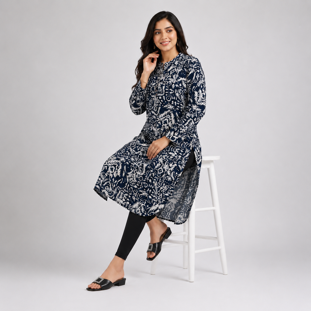 Navy And White Aop  Ladies Kurti - 80001