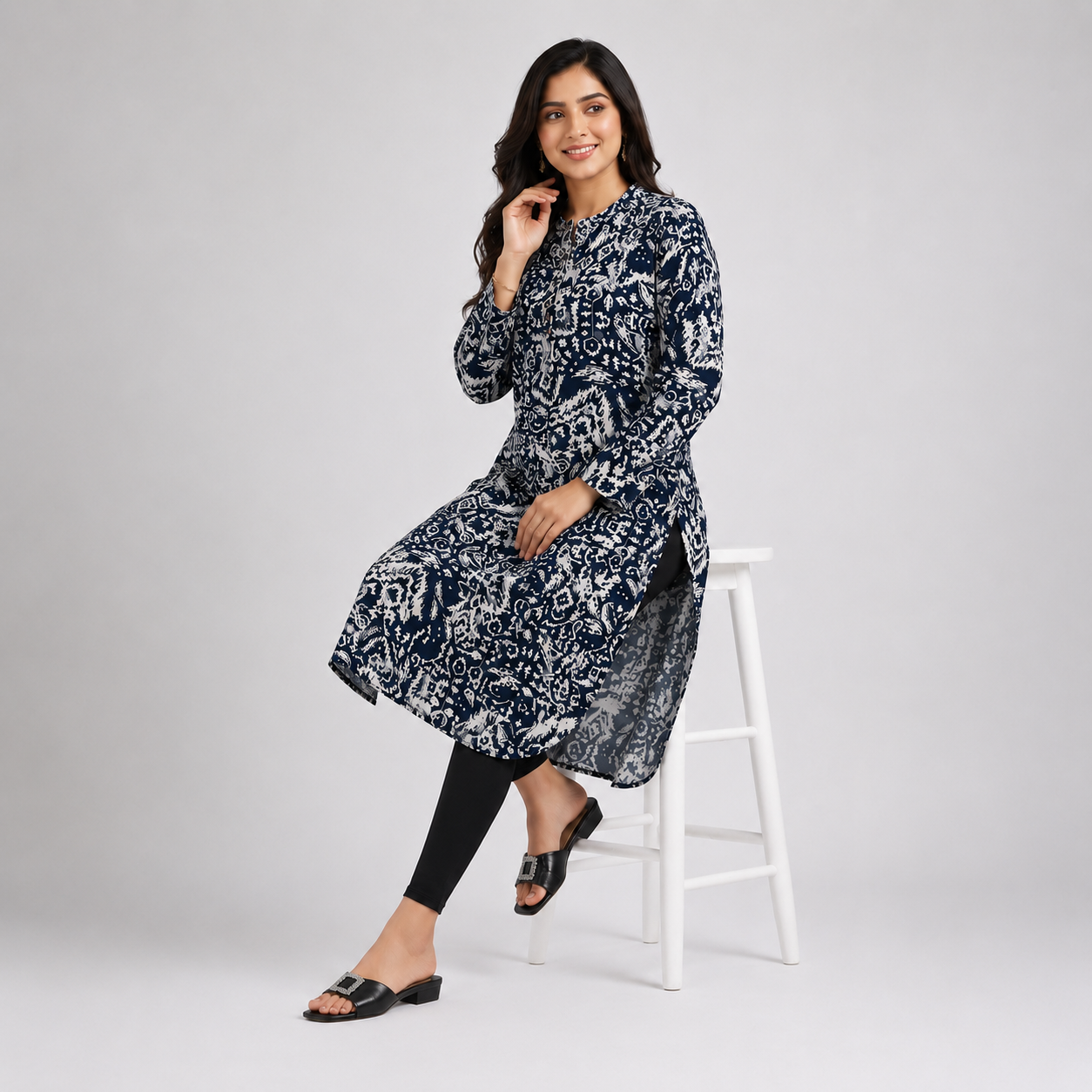 Navy And White Aop  Ladies Kurti - 80001