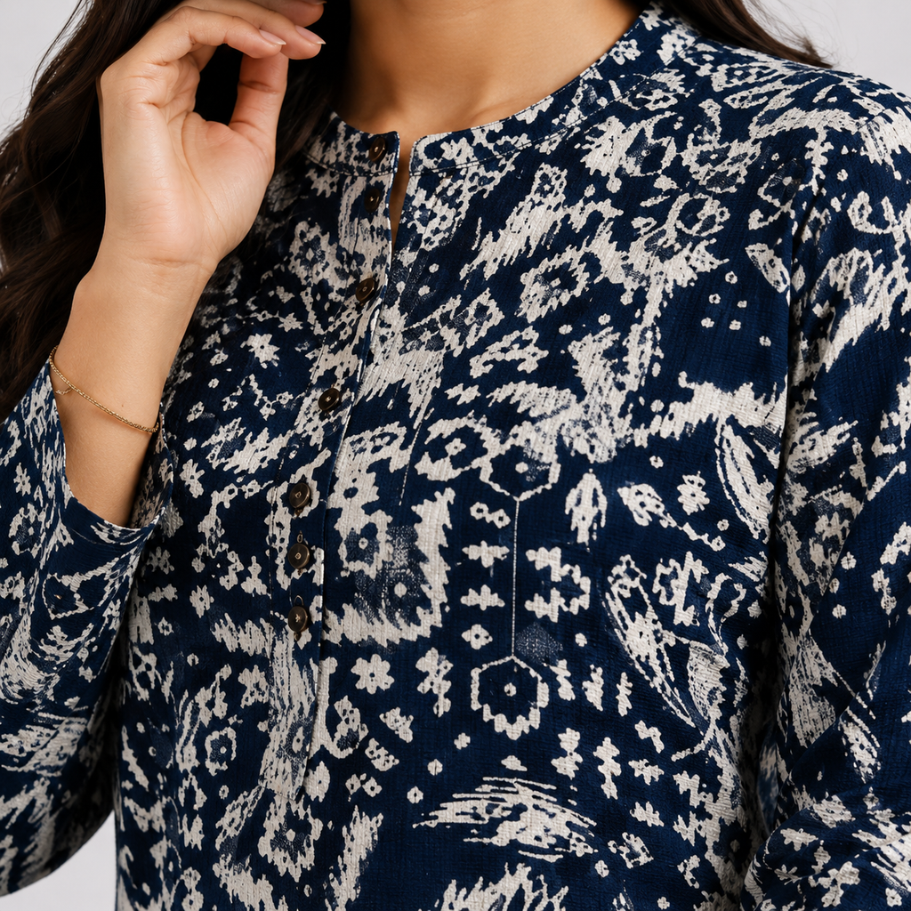 Navy And White Aop  Ladies Kurti - 80001