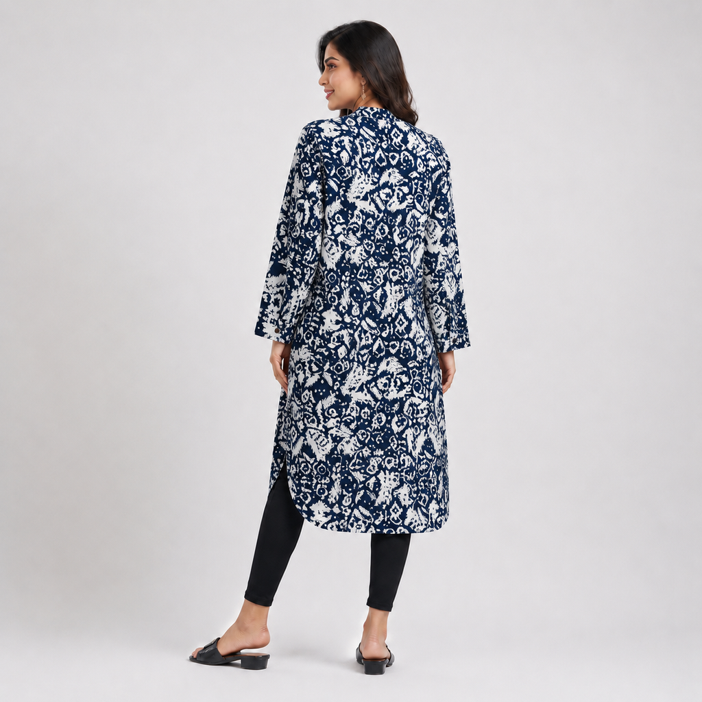 Navy And White Aop  Ladies Kurti - 80001
