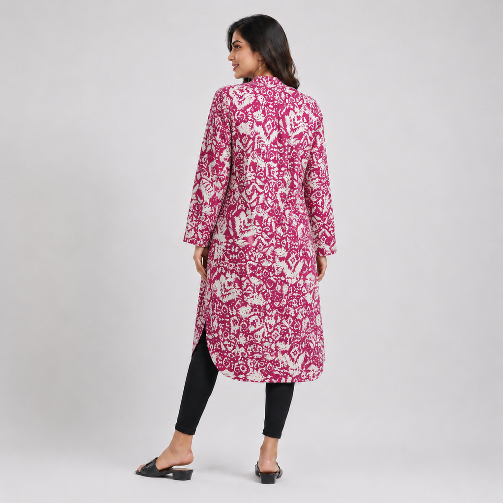 Pink And Off White Aop  Ladies Kurti - 80001