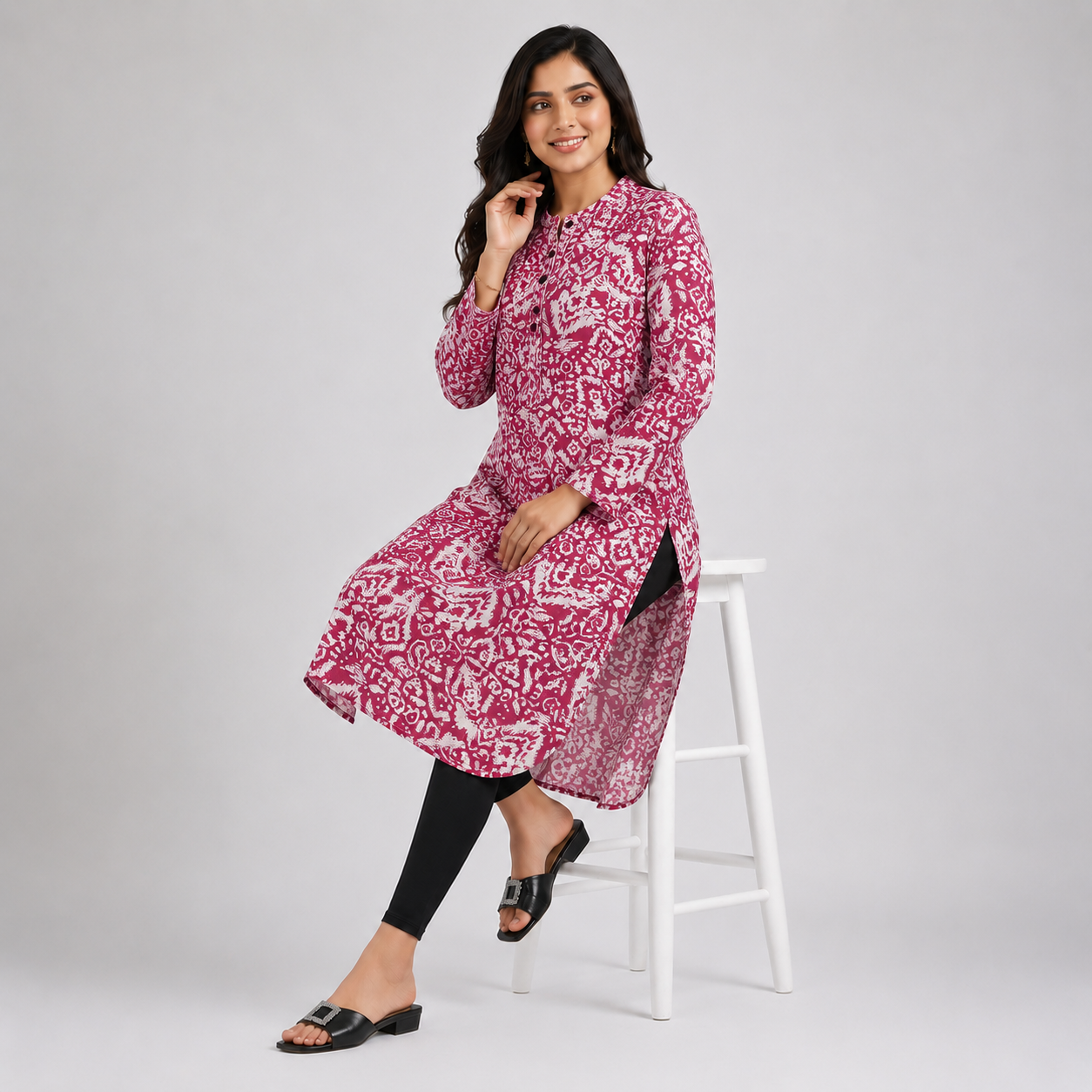 Pink And Off White Aop  Ladies Kurti - 80001