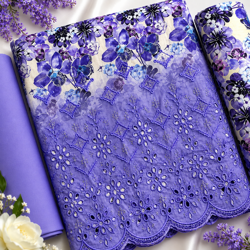 Ladies 3 pc Purple print unstitched  Kurta Set - 73642
