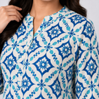 White And Blue Aop  Ladies Kurti - 80002