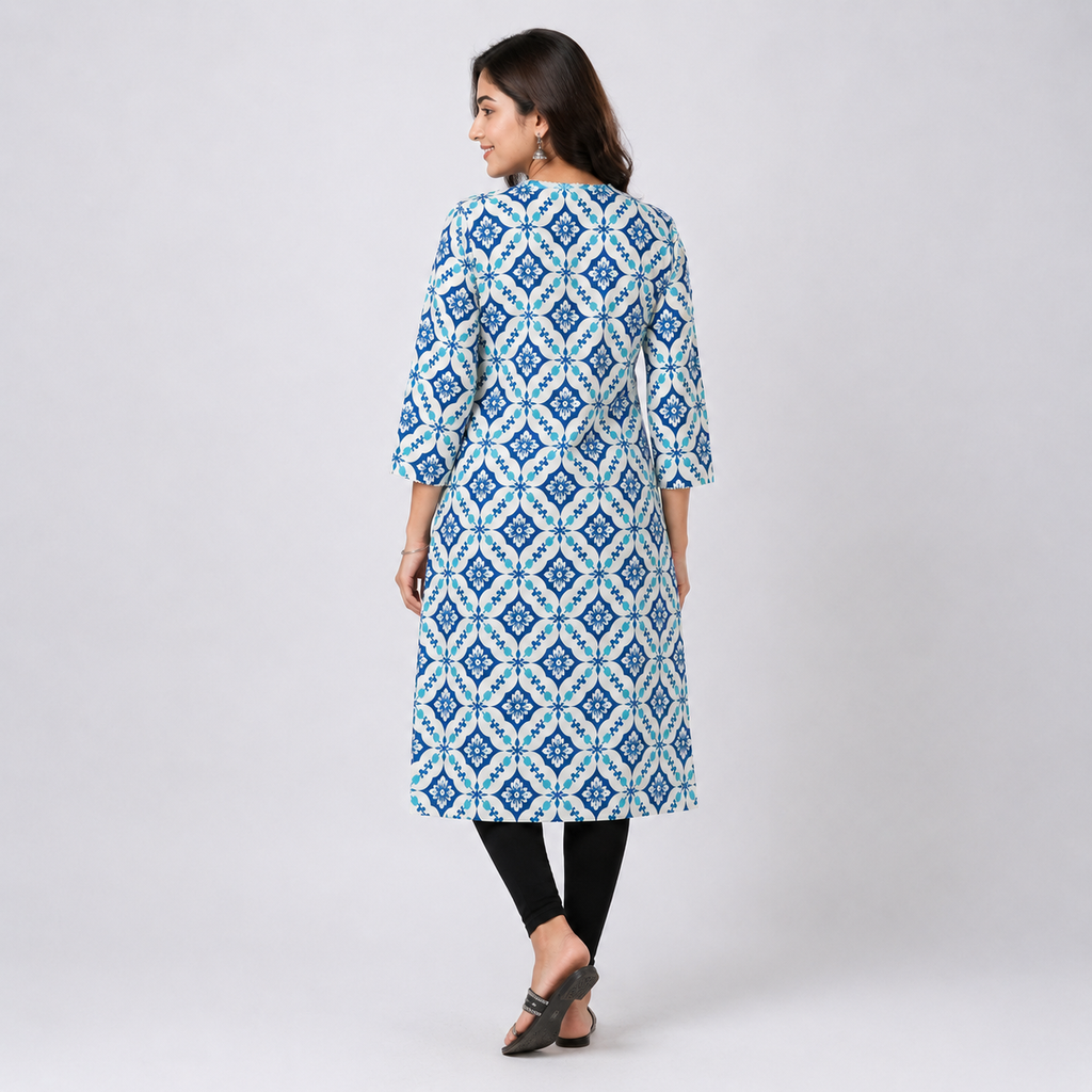White And Blue Aop  Ladies Kurti - 80002