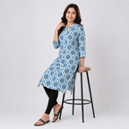 White And Blue Aop  Ladies Kurti - 80002