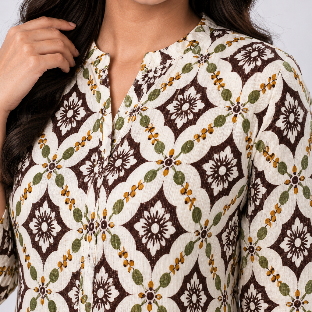 White and coffee AOP  Ladies kurti - 80002