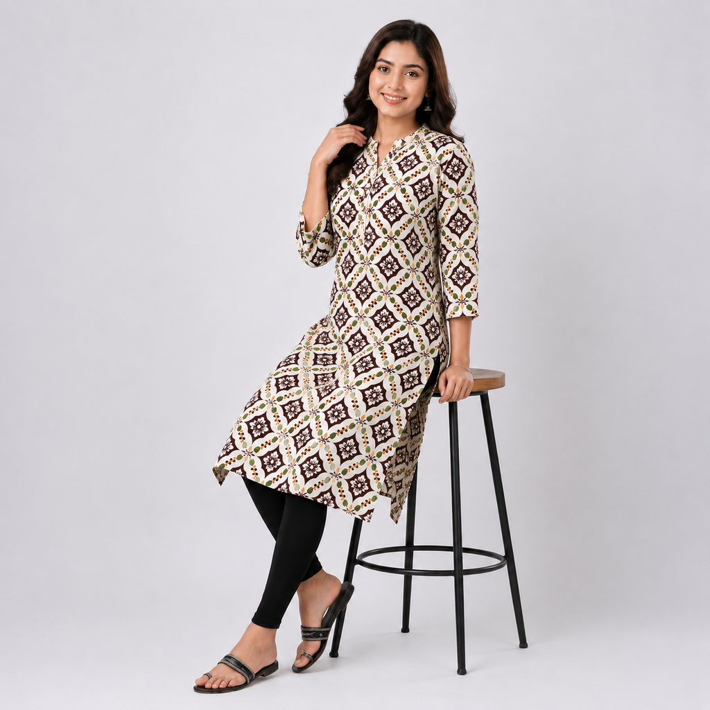White and coffee AOP  Ladies kurti - 80002