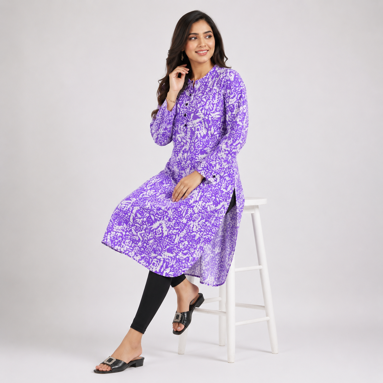 White And Purple Aop  Ladies Kurti - 80001