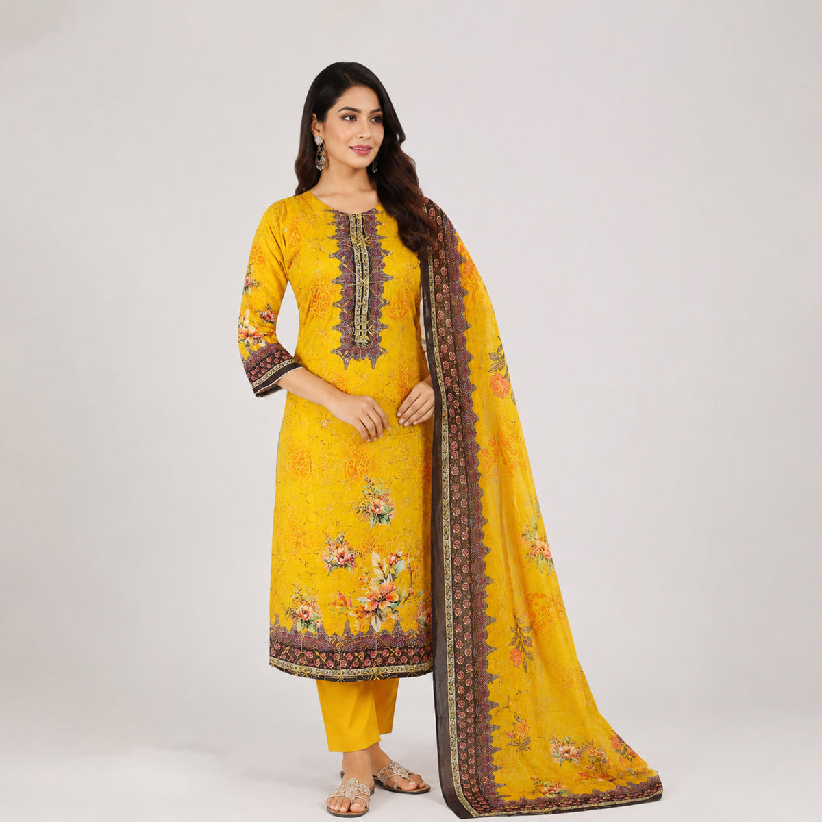 Winner Ladies 3Pc Yellow-86 Print Unstitched Kurta Set - 55768