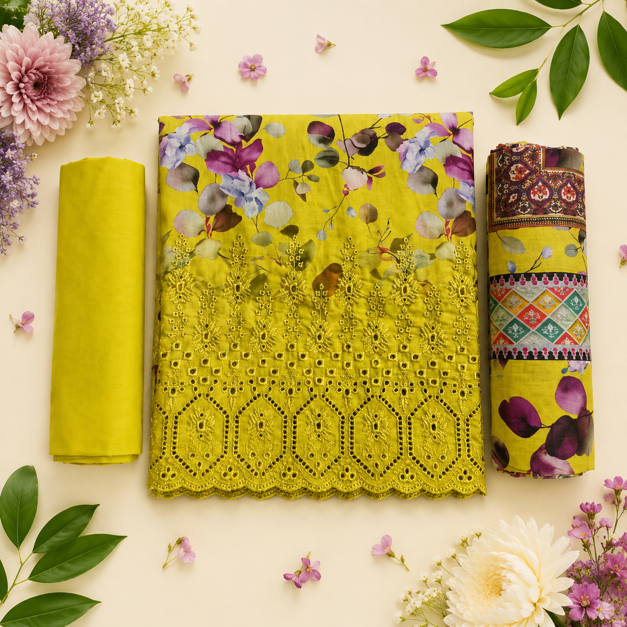 Ladies 3 pc Yellow Kurta Set - 73643