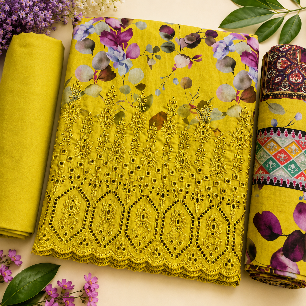 Ladies 3 pc Yellow Kurta Set - 73643