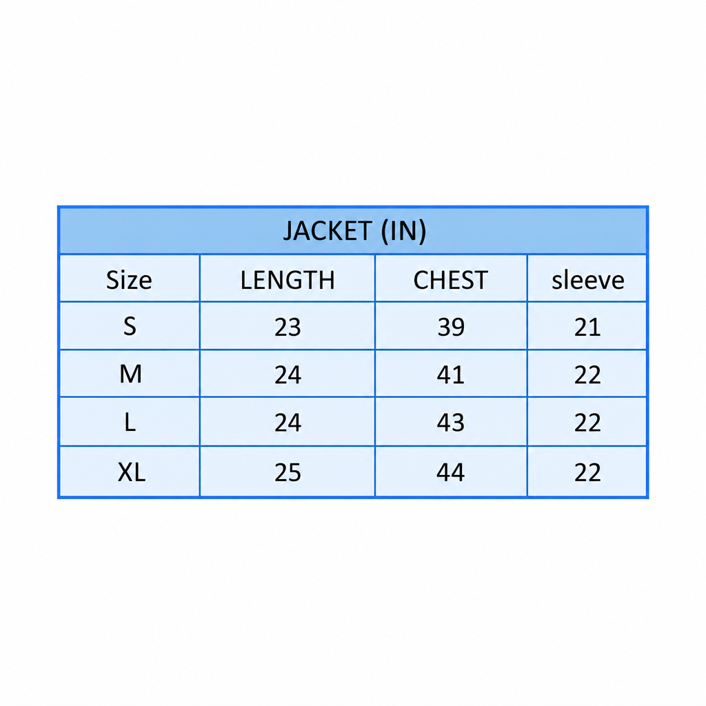 Jacket size chart, square version