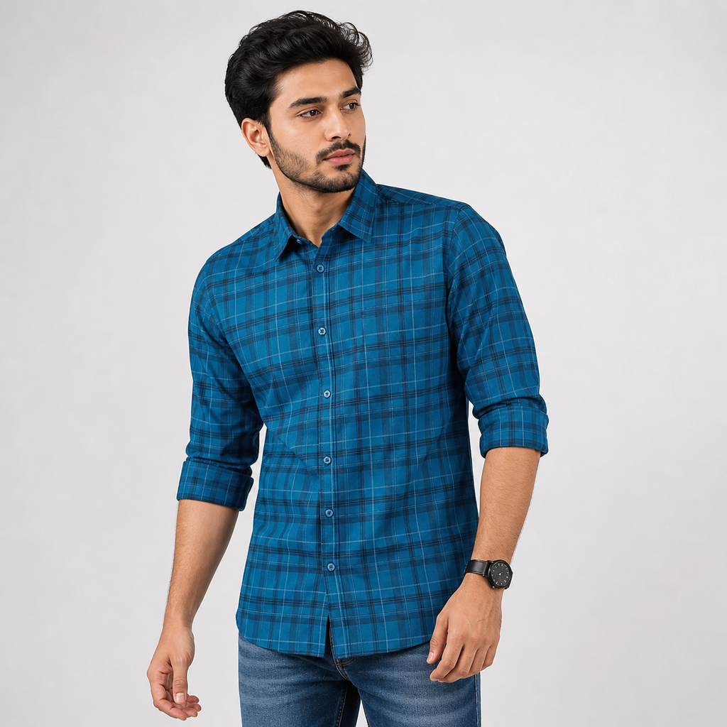 Winner Men's Navy Blue Check Casual Shirt - 80045