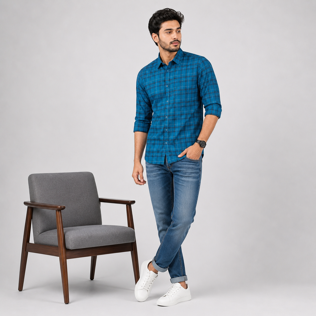 Winner Men's Navy Blue Check Casual Shirt - 80045