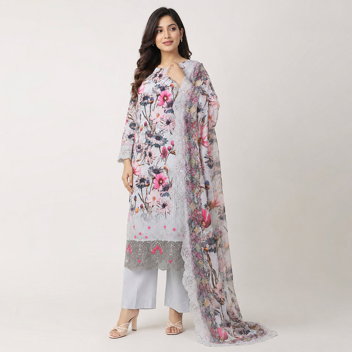 Winner Ladies 3Pc Silver Blue-4 Print Unstitched Kurta Set - 80156
